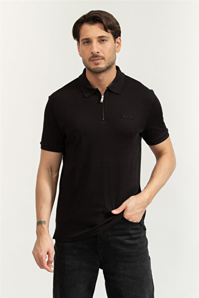 Calvin Klein SS Slim Supima Zip Polo Erkek Polo Yaka T-Shirt Siyah