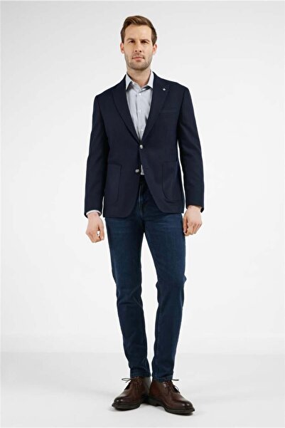 İmza Dark Navy Blue Swallow Collar Plain Slim Fit 6 Drop Jacket 1002255159