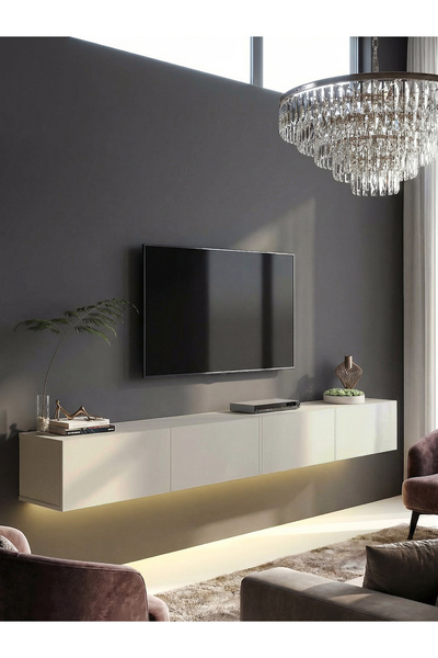 dorpek LED'li Tv Sehpa & Ünitesi, Duvara Monte Tv Ünitesi Kumtaşı 240 cm | Homeros