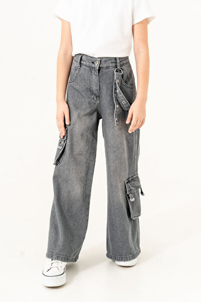 GİYİCEM Pantaloni din denim pentru fete, cu buzunare cargo, model Bird Eye 2158