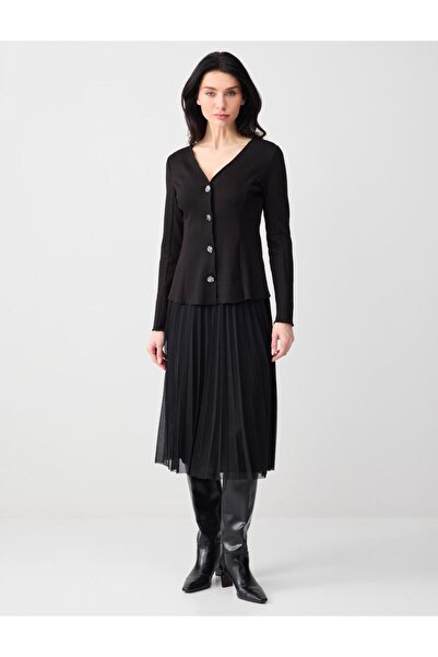 Jimmy Key Siyah Dar Kesim Uzun Kollu V Yaka Örme Hırka