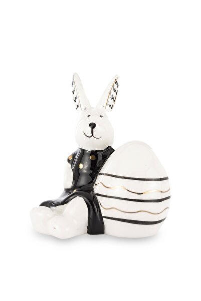 DecoDepot Ceramic figurine bunny with egg, black/white, 8.5x7.5x7 cm