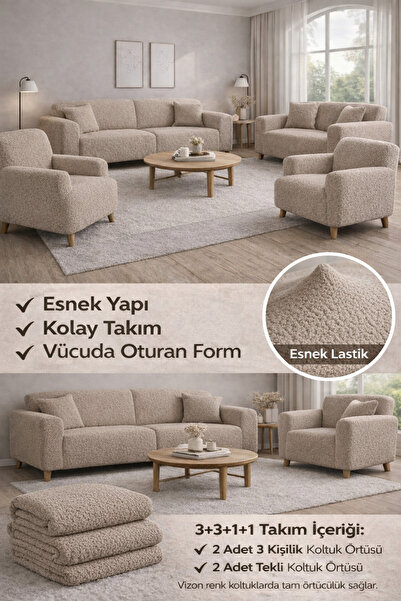 riselerhome Bohem Desen krem Lastikli Koltuk Örtüsü 3+3+1+1 Takımı | Esnek La...