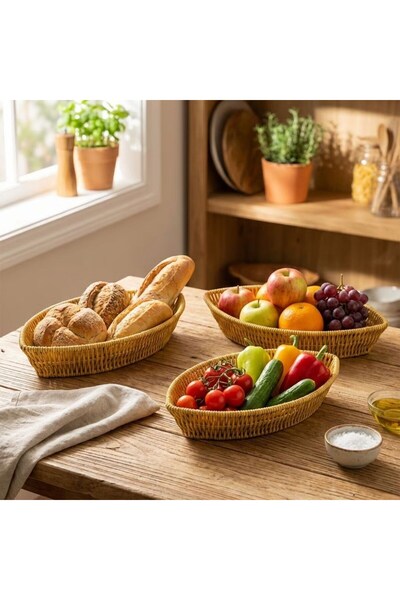 Roichil 3-Piece Kayak-Shaped Plastic Rattan Basket Set – Wicker-Look Bread, F...