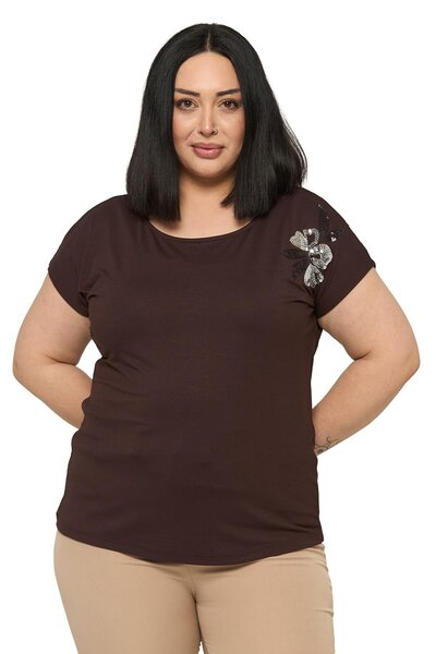 DISENTIS MODEST Plus Size Low Short Sleeve Daisy Patterned Brown Blouse on th...