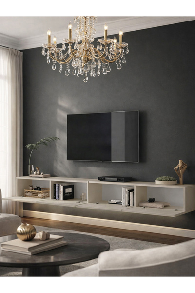 dorpek LED'li Tv Sehpa & Ünitesi, Duvara Monte Tv Ünitesi Kumtaşı 240 cm | Homeros