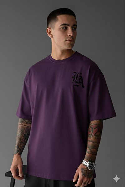 NO 601 Men's Purple La Printed Loose Fit Oversize Tshirt