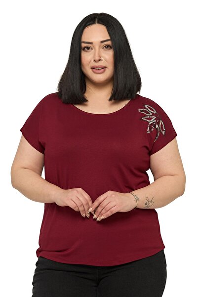 DISENTIS MODEST Bluză roșie claret cu mâneci scurte și imprimeu cu frunze pe ...