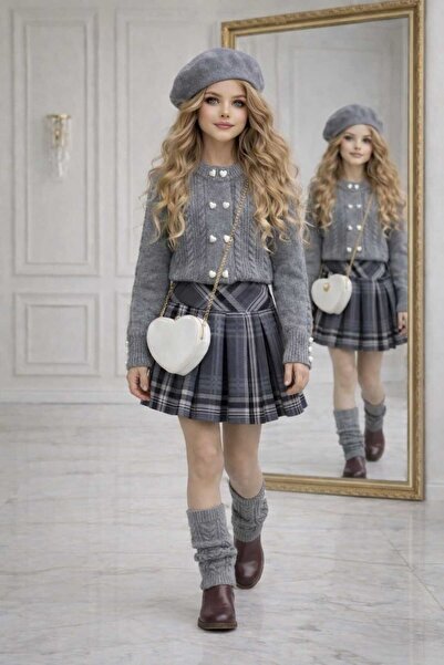 UZUN BUTİK Kids SET TRICOTAJE PENTRU FETE: CARDIGAN ȘI FUSTĂ, HABĂ, GEANTĂ, B...