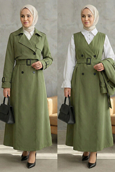 FERHEL Women's 2-Piece Long Trench Coat with Pleated Skirt and Belted Bolero ...