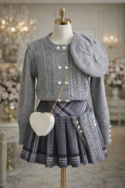 UZUN BUTİK Kids Girls' Knitwear Cardigan and Skirt Set, Dust-Cover, Bag, Beret