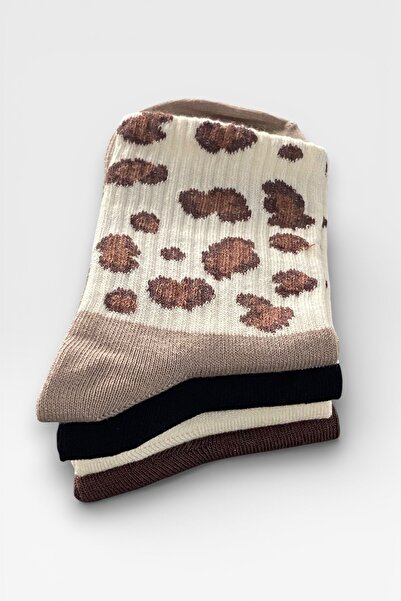 Esinti 4 Pairs of Women's Leopard Patterned Cotton College Socks