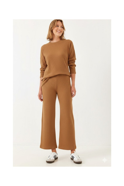 Kutaf Women's Ribbed Knitwear Double Set Crew Neck Sweatshirt and Spanish Fla...