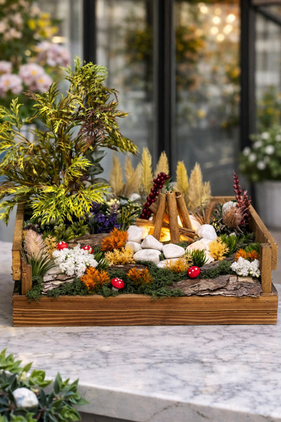 Derin Düşler El Yapımı Masaüstü Dekoratif Çiçek Bahçe Ahşap Sandık Ateş Çukur...