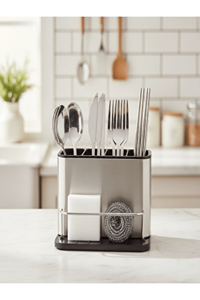 AKDC Stainless Steel 4-Section Cutlery Holder with Built-In Drainer System