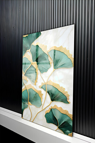kutuTR Lüks Gold Detaylı Yeşil Ginkgo Yaprağı Temperli Cam Tablo 50x70 Cm 2D ...
