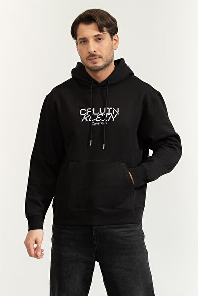 Calvin Klein Men's Hooded Collar Large Logo Printed Black Sweatshirt