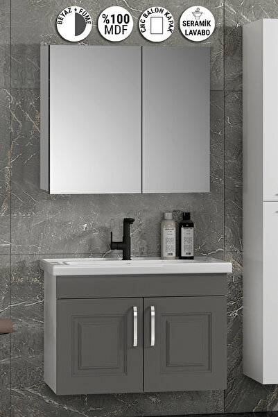 ÖZCEDEN Salkım 80 cm Beyaz-Füme Balon MDF Seramik Lavabolu Asma Banyo Dolabı ...