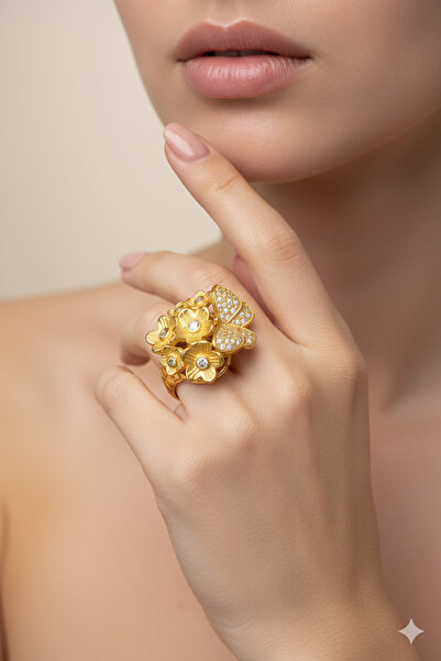 Utku Kuyumculuk 22 AYAR ÖZEL TASARIM ÇİÇEK VE KELEBEK MOTİFLİ ALTIN YÜZÜK