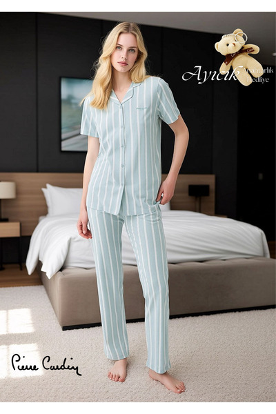 Pierre Cardin Stripe Detailed Modal & Cotton Short Sleeve Shirt Pajama Set (w...