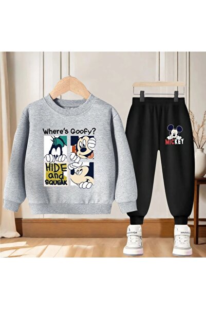 SVART WEAR Mickey Printed Crew Neck Combination Bottom and Top Tracksuit Set