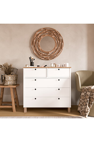 Robin Home Alaska Şifonyer 5 Çekmece Ahşap Ayaklı Sepet-Beyaz
