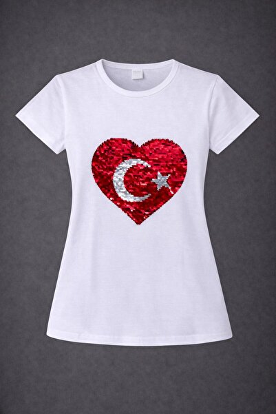 Dıgıl Kids Girl's T-Shirt Badi Lycra Heart Flag Square Sequin