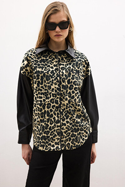 Touché Privé Leopard Print Jacket with Leather Trim