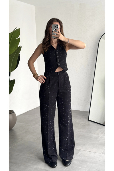 asfamoda Women's Black Sparkling Stone Buttoned Sleeveless Vest Pleated Palaz...