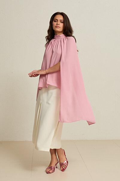 Setre Dark Powder Draped Collar Detailed, Cape Style Comfortable Cut Blouse