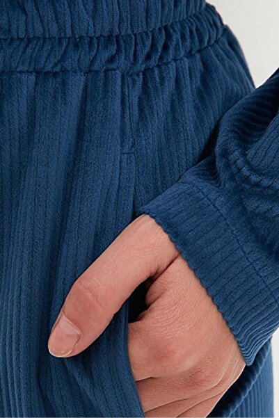 Trendyol Generic Trendyol, Pantaloni sport cu talie inalta si aspect striat, Navy, L
