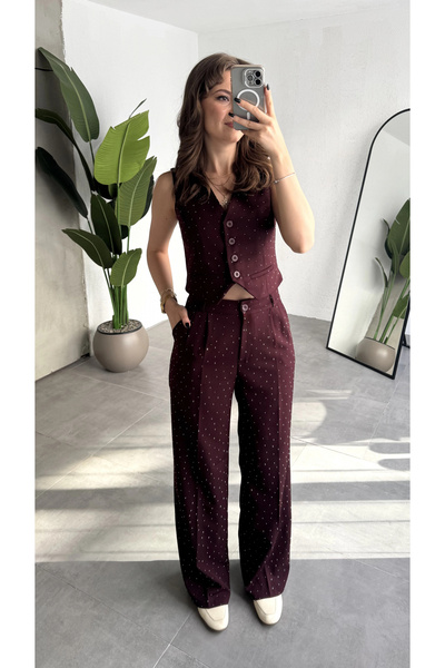 asfamoda Women's Burgundy Sparkling Stone Buttoned Sleeveless Vest Pleated Pa...