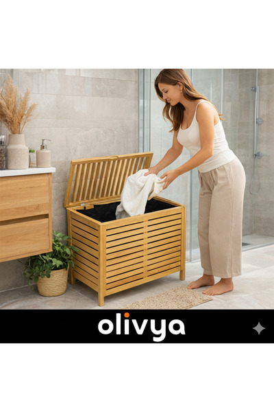 OLİVYA Bambu Kirli Sepeti 60 Litre - Kapaklı, Yıkanabilir İç Hazneli Doğal Ba...