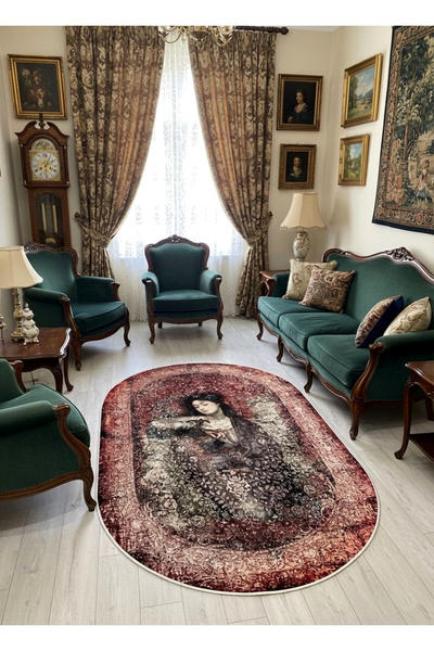 Brillant Kahve-Kırmızı Eskitme Vintage Etnik Desenli Oval Lateks Taban Halı