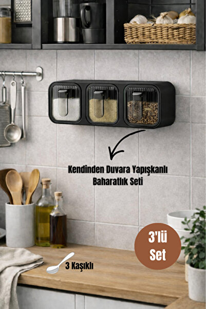 Dory 3'Lü Kendinden Duvara Yapışkanlı Kaşıklı Baharatlık Takımı - Baharat Sta...