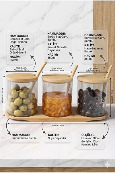 RİVO HOME DECOR The Mia Borosilicate Glass Jar with Bamboo Lid 350 ml Set of 3