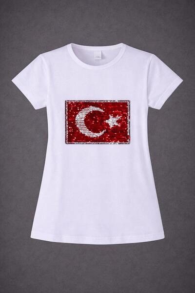 Dıgıl Kids Girl's T-Shirt Badi Lycra Heart Flag Square Sequin