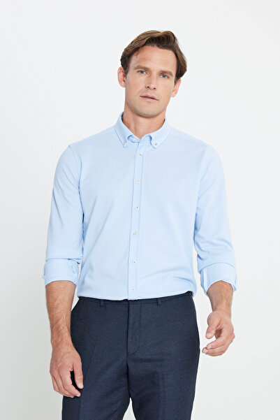 ALTINYILDIZ CLASSICS Cotton Slim Fit Buttoned Collar Knitted Blue Shirt