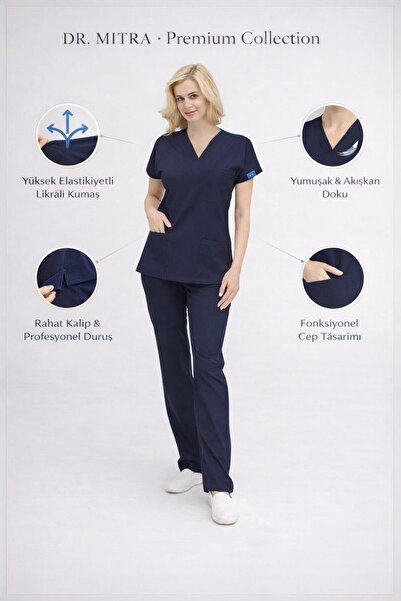 Dr. Mitra Navy Blue Lycra Nurse Doctor Uniform Unisex Surgical Suit Scrubs Un...