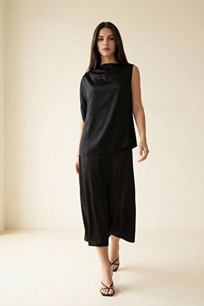 Setre Bluză neagră cu un singur mânecă și guler asimetric