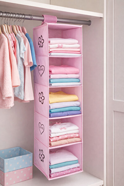 Binbirreyon منظم خزانة غرفة الأطفال ذو 5 طبقات 30x30x120 سم وردي DG003