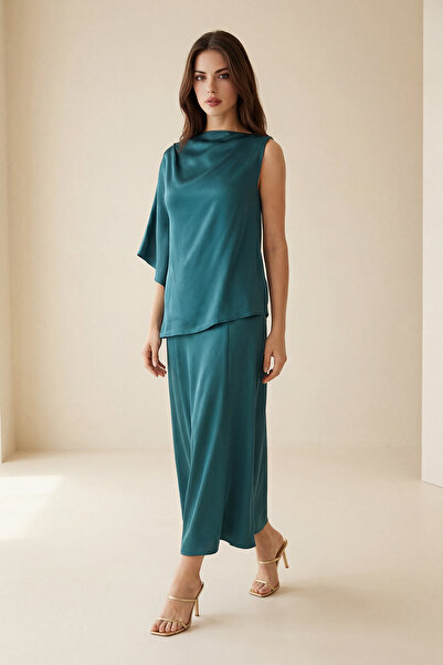 Setre Bluză cu un singur mânecă și guler asimetric cu detalii de smarald