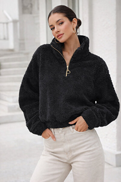 Rich Women's Plush Teddy Crop Sweatshirt Half Zip Oversize Fleece