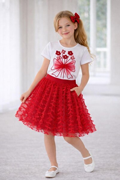 Dıgıl Kids Girl's Set Red Bow Pattern Tutu Skirt Lycra Wonderful Embroidered ...