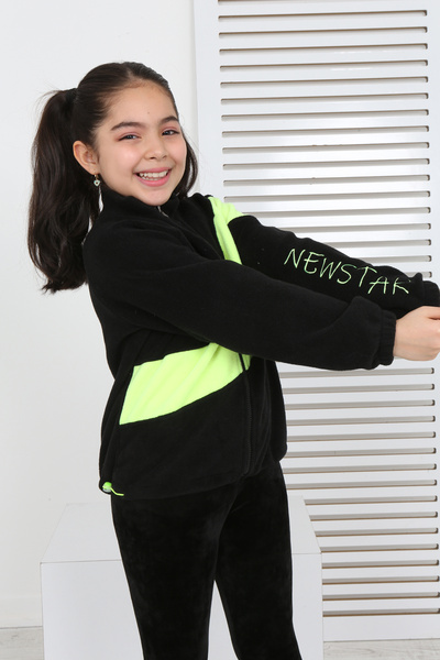 Toontoy Girl's Stand Collar Zippered Color Block Raglan Sleeve Fleece Cardiga...