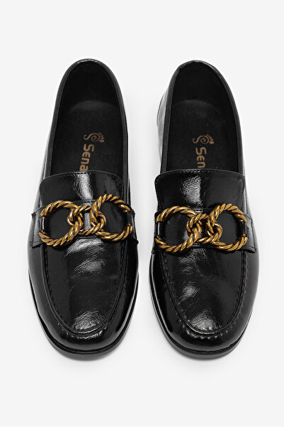 Tonny Black Women's Black Leather Loafer with Buckle Detail, Comfortable Dail...