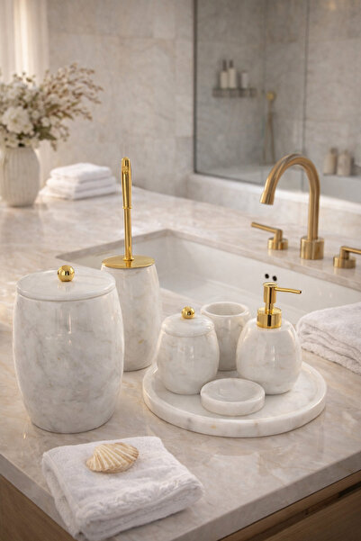 zekmar home stone طقم حمام من الرخام الأبيض مع تفاصيل ذهبية مكون من 7 قطع