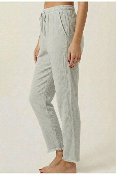 PORİENTO Gray 100% Cotton Muslin Fabric Narrow-Leg Ankle-Length Women's Trous...