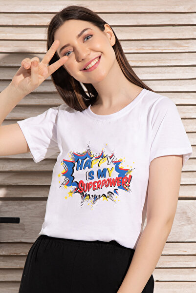 Clovia بلوزة "السعادة هي قوتي الخارقة" باللون البرتقالي - قطن غني