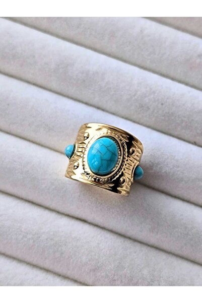 DivaViva Turkuaz Firuze Taşlı Bohem Tasarım Ayarlanabilir Yüzük (KOD-446)